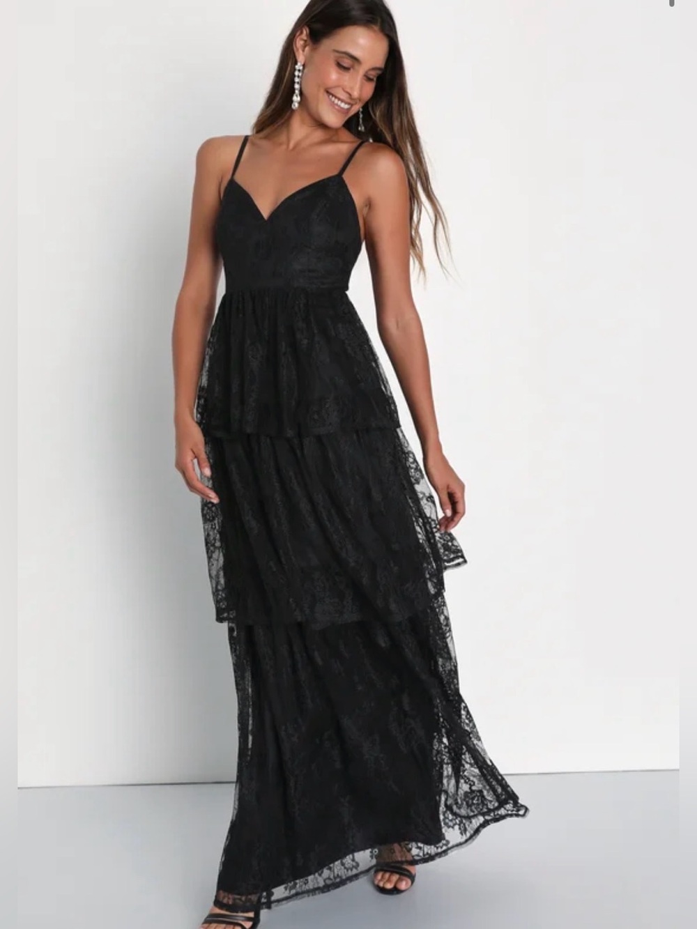 Lulu's Black Lace Tiered Spaghetti-Strap Maxi Dress